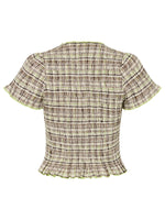 Women Casual Summer Plaid Print Shirred Tops Slim Mock Neck Short Sleeve Crop Ruffle T-shirts Streetwear