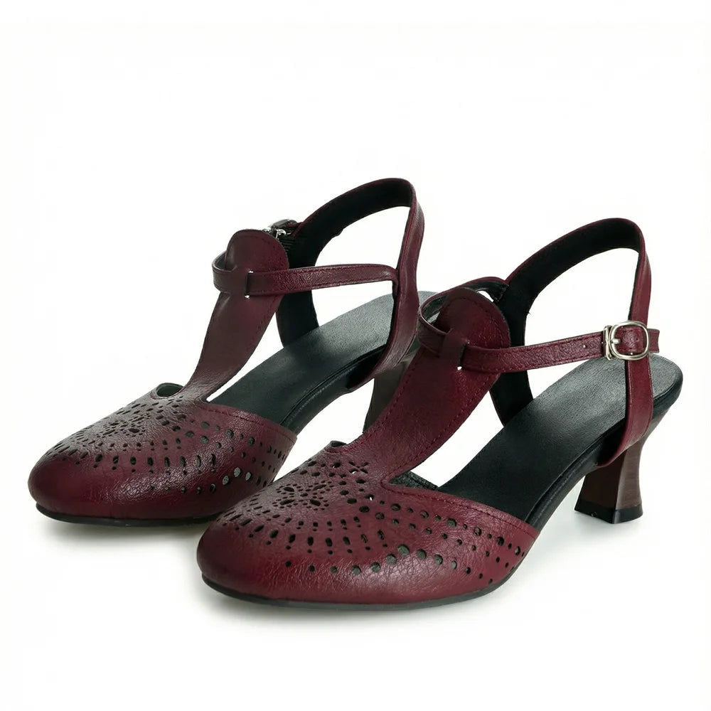 Big Size 32-50 Women's Vintage Cutout T-Strap Sandals Round Toe 6cm Kitten Heel Summer Casual Dance Shoes Black/Brown/White