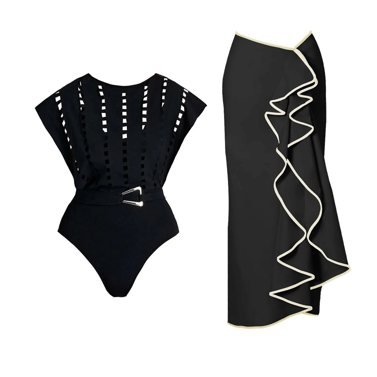 New 2Pcs Black Hollow Swimsuit Women Sexy Swimwear With Midi Skirt Push Up Bikini Female Biquini Bathingsuit Bodysuit Beachwear