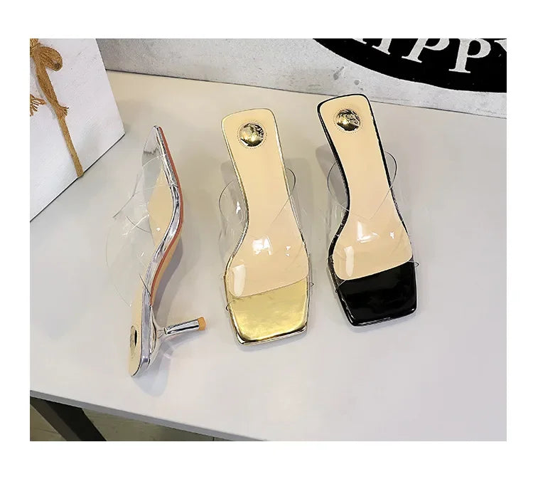 BIGTREE Sexy Silver PVC Transparent Crystal Womens Slippers 2026 Summer Square Toe Thin High Heels Sandals Ladies Shoes