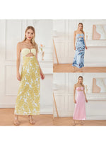 Women Floral Print Tie Backless Dress for Bohemian Party Evening Ring Cut Out Strapless Bodycon Long Dresses
