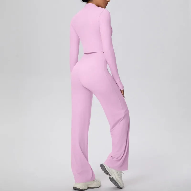 2 Pcs Women's Seamless Yoga Set Long-sleeved Wide-leg Pants Tracksuit Fitness Sports Set High-waisted Hip-lifting Slim-fit Suit