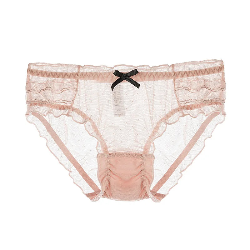 Cute Bowknot Girl's Knickers Transparent Mesh Yarn Ladies Panties Elastic Ruffled Edge Seamless Cotton Crotch Women's Brieifs