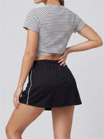 Women's Yoga Outfit Set Black Stripe Tennis Skirt Workout Clothes Short Sleeve O Neck Sports T Shirts Mini Skorts Fitness Sets