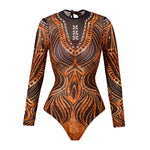 2025 Sexy Women's Retro Print Scoop Neck Padded Long Sleeve One Piece Swimsuits High Cut Bathing Suits Swimwear Bodysuit