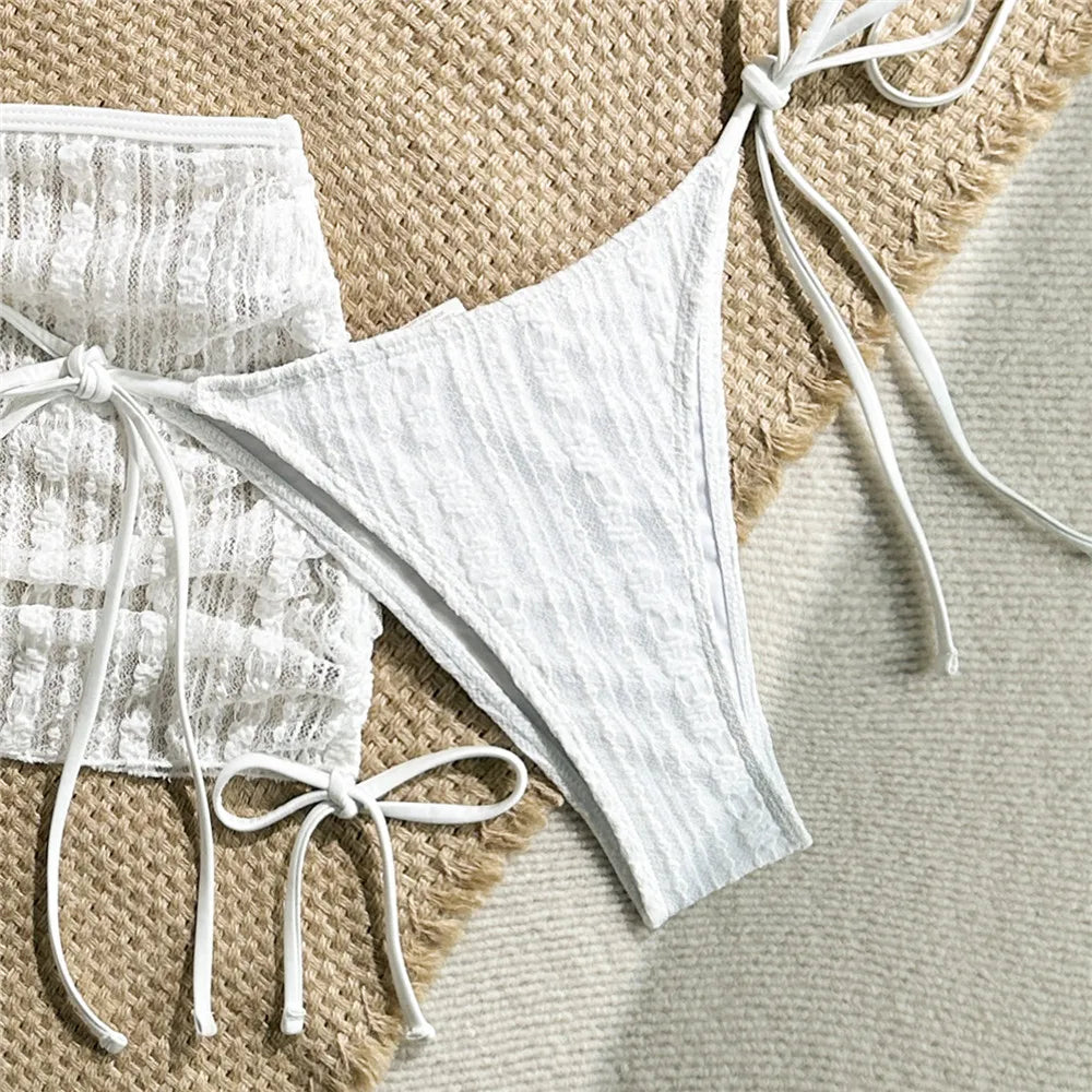 Beige Mesh Cover Ups Swimwear Halter String Triangle Bikinis Sets 3 Pieces Micro Thong Sexy Swimsuit Women 2026 Bathing Suit