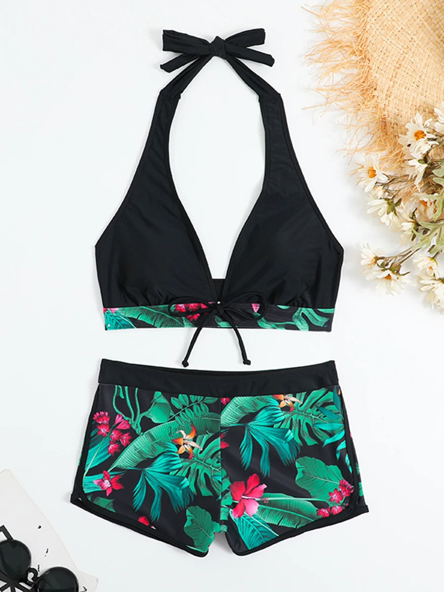 2026 Halter Bikini Set Short Swimsuit Women High Waist Swimwear Female Printed Bathers Swimming Bathing Swim Suit Beachwear