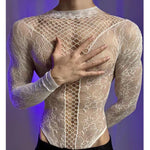 Summer Men's Mesh Tank Transparent Full Sleeves Round Neck T-shirt MenWomen Comfortable Breathable Bodysuit Trend Party Clothing
