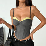 Fashion Retro Gray Splicing Tank Top Women Sexy Patchwork Slim Fit Fishbone Corset Elegant Bustier Hot Girl Party Club Tops Vest