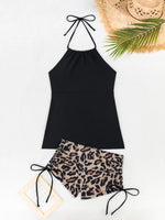 2026 Women's Bikini 2-piece Swimwear Tankini Set Sexy Halter Black Bathing SuitFloral Print Drawstring High Waist Swimsuit