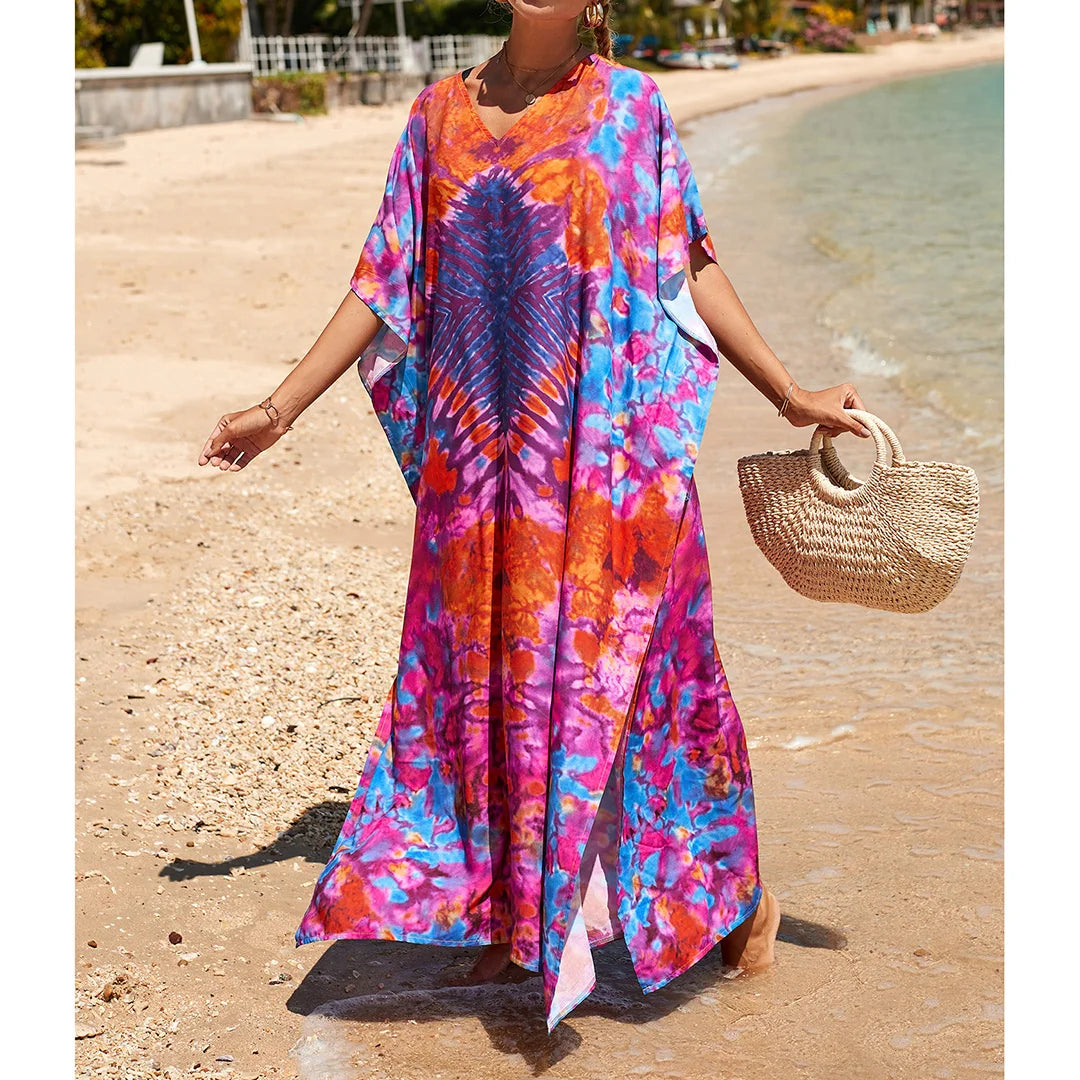 2026 New Colorful Kaftan Tunic Beach Dress Beach Wear Beachwear Beach Cover Up Cover-upsLoose Maxi Dress Female Women V4428