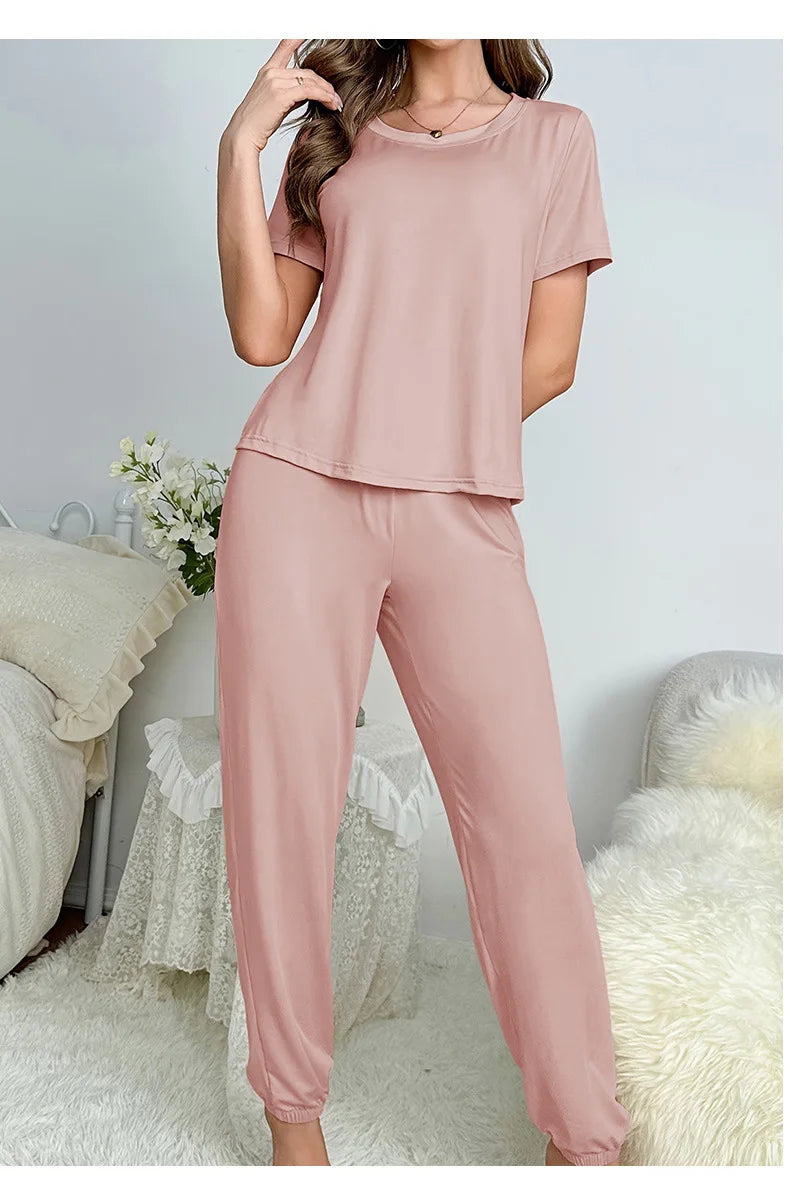Women's Sleepwear Spring and Summer New Pajamas Women's Short-sleeved Trousers Set Classic Solid Color Casual Loungewear