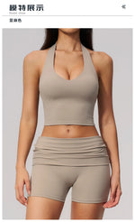 2PCS Yoga Set Women V-neck Cross Neck Shock-absorbing Sports Vest Workout Pleate Flip High Waist Shorts Gym Runing Fitness Suits