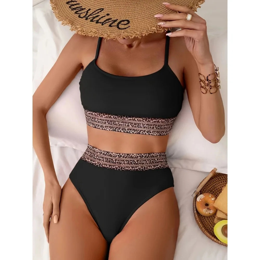 New Sexy Black High Waisted Bikinis Two Pieces Swimsuit Women Swimwear Mesh Beach Wear Sporty Padded Bathing Suits Pool Summer