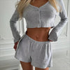 New women's home suit set for autumn casual and comfortable soft solid color long sleeved cardigan shorts pajamas two-piece set