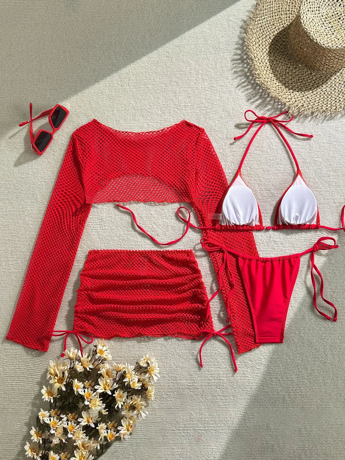 Red 4 Piece Bikini Set 2026 Women Long Sleeve Cover Up Drawstring Skirt 4 Piece Swimsuit Beach Bathing Suit Holiday Swimwear