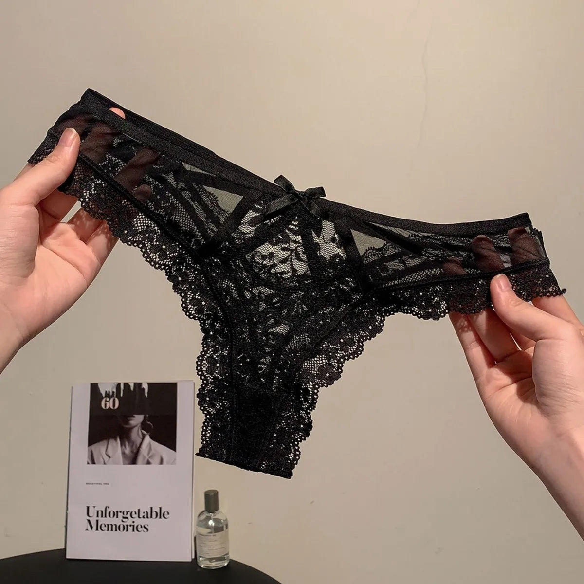 Women’s Flower Embroidery Sexy Thong Spicy Girl Lace Transparent Underpants Thin Summer Hollow Out Panties Bow Briefs