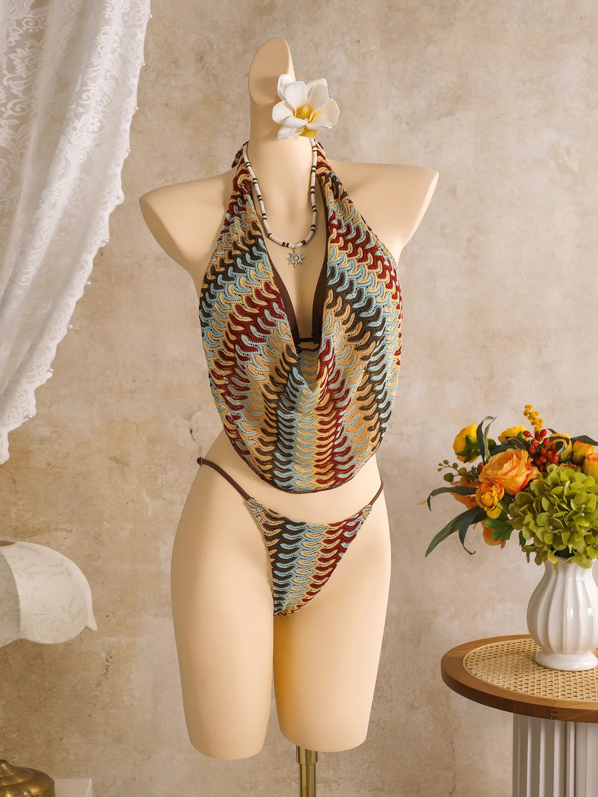 Bohemia Style Coffee Striped Bikini Set 2026 Women Cover Up+Long Skirt 4 Piece Swimsuit Summer Holiday Bathing Suit Swimwear