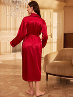 Simple Satin Night Robe Long Sleeve V Neck Robe With BeltWomen's Sleepwear