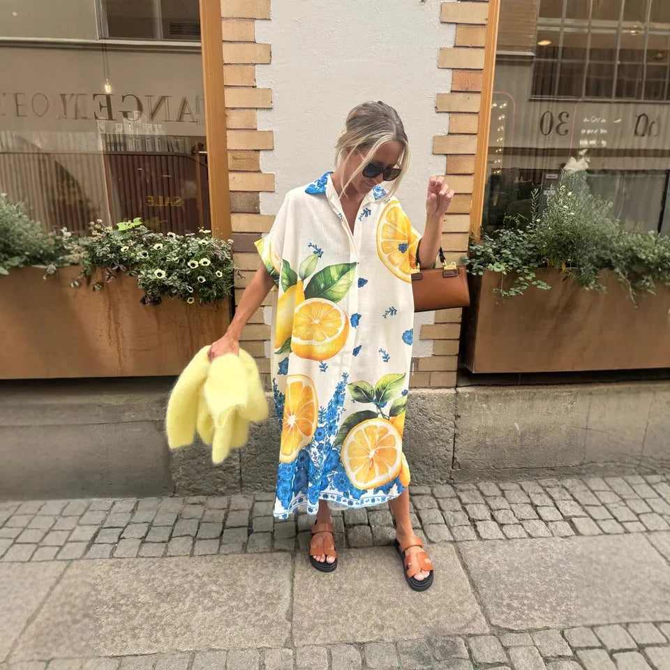 Lemon Print Shirt Dresses Women Fashion Short Sleeves Lapel Loose Single-breasted Shirts Long Dress Casual Lady Vacation Vestido