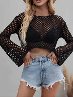 Mesh Crochet Beach Shirt Women Solid Cover Up Ladies Long Sleeve Tops 2026 Sexy Beachwear Bathers Swim Bathing Suit