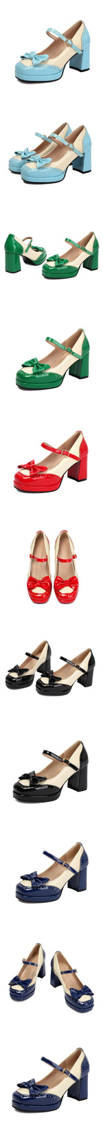 Plus Size 32-48 Sweet Lolita Patent Leather Mary Jane Shoes Women Gothic Square Toe Bow Tie Platform Chunky Heels Brogue Pumps