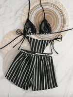 New Retro 3 Pieces Knitted Mesh String Bikini Set Swimsuit Women Blue Striped Swimwear with Shorts Beach Wear Boho Bathing Suit