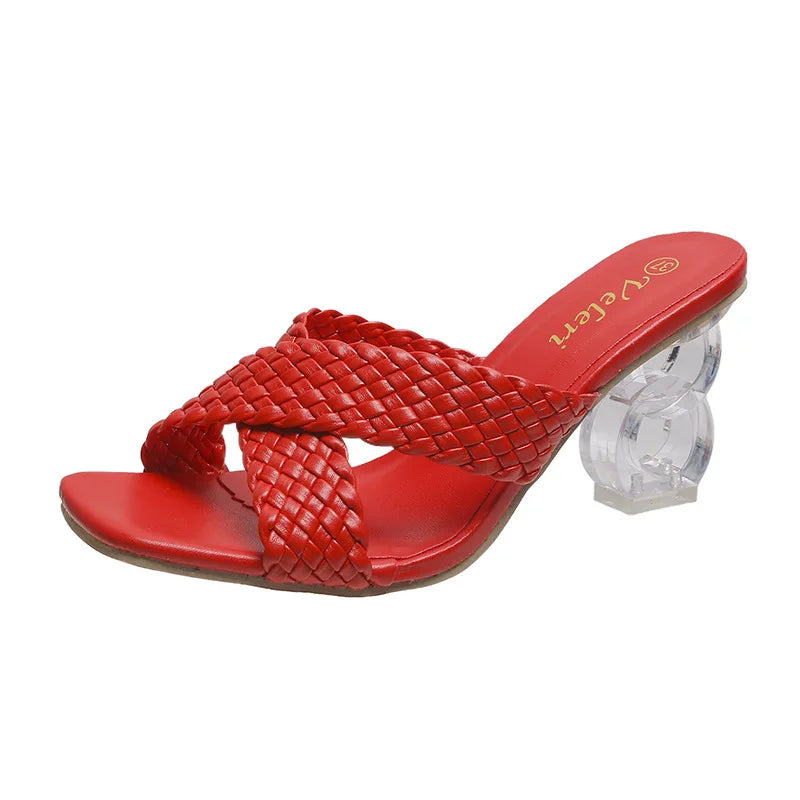 Transparent Strange High Heels Sandals Women SummerPlus Size Weave Female Slippers Fashion Yellow Open Toe Slides