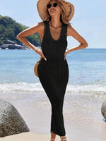 S - XL 2025 V Neck Hollow Out Crochet Knitted Tunic Beach Cover Up Long Cover-ups Beach Dress Beach Wear Beachwear Female Women