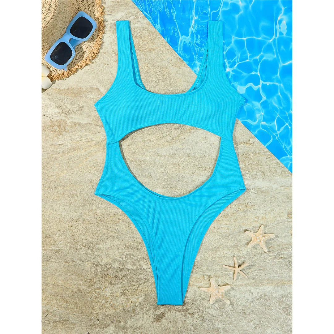 Sexy Tummy Cut Out Ribbed Backless One Piece Swimsuit Women Swimwear Female High Leg Cut Padded Bather Bathing Suit Swim K5263