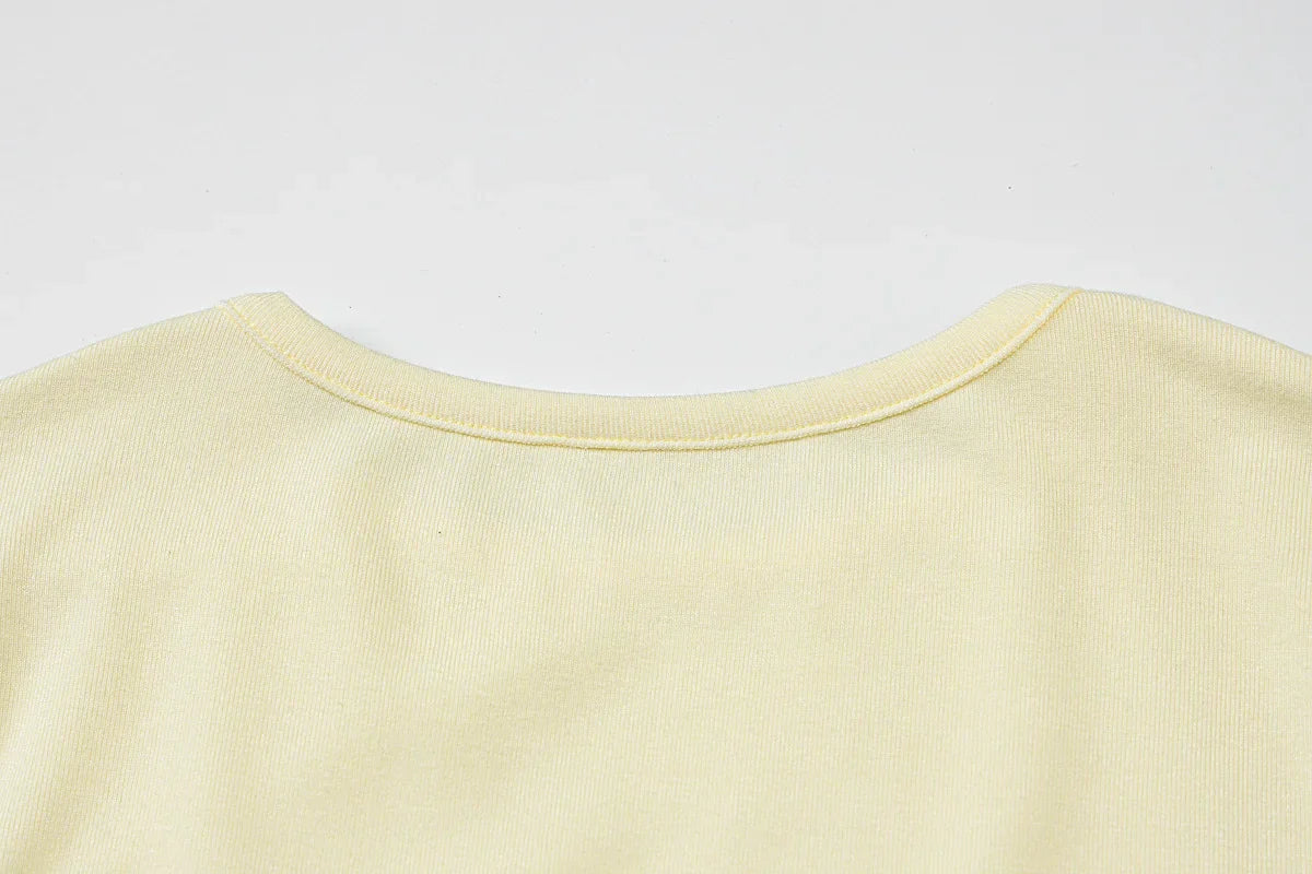Woman Clothing Letter Print Short T-shirts Y2K Streetwear 2026 Summer O-neck Slim Fit Crop Tops Vacation Beach Tees Light Yellow