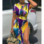 Trendy Printed Slim Midi Dresses Women Fashion Package Hip Bodycon Short Sleeves Drawstring Slit Dress Casual Ladies Streetwear