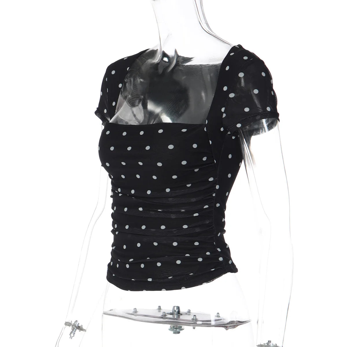 FDYOUI Chic Square Collar Black T-shirts Women's Summer Short Sleeve Polka Dot T Shirt 2026 Girls Clothes Slim Ruched Crop Top