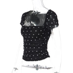 FDYOUI Chic Square Collar Black T-shirts Women's Summer Short Sleeve Polka Dot T Shirt 2026 Girls Clothes Slim Ruched Crop Top