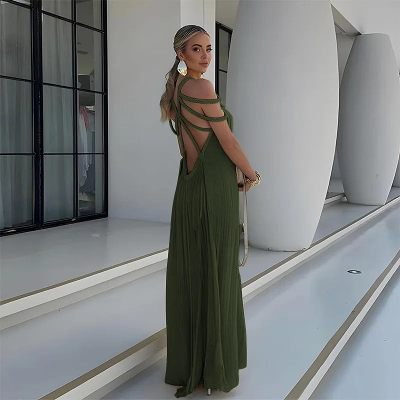 Summer Sleeveless Party Dress, Women Loungewear O-Neck Hollow Out Party Dress, Solid Color Patchwork Beach Style Ladies Dress