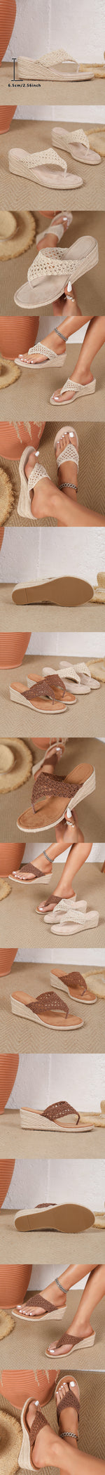 Hollow Crochet Thong Espadrille Wedge Slide Sandals Women Breathable Slip On Flip Flops Platform High Heel Summer Beach Mules