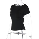 FDYOUI Fashion Casual Backless Lace-up T-shirts Women's Summer O-neck Short Sleeve Cropped Tops Streetwear Y2K Solid Tee Shirt