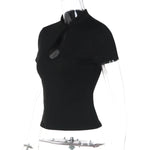 FDYOUI Fashion Stand Collar Button Hollow Out T-shirt for Women 2026 Sexy Short Sleeve Slim Cropped T Shirts Black Wine Red Tops