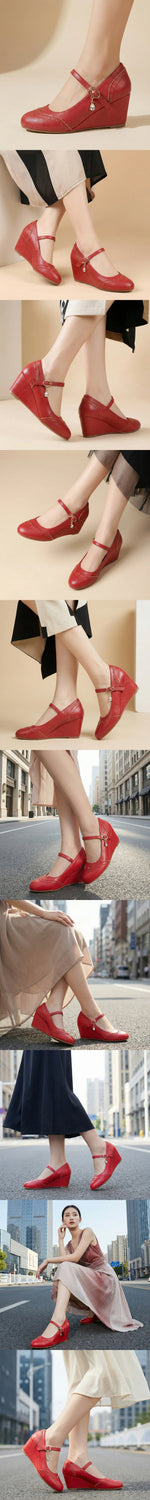 2026 Small Big Size 32-48 Vintage Green 7cm High Heels Wedges Pumps White Red Comfy Walk Summer Mary Janes Brogue Shoes Women