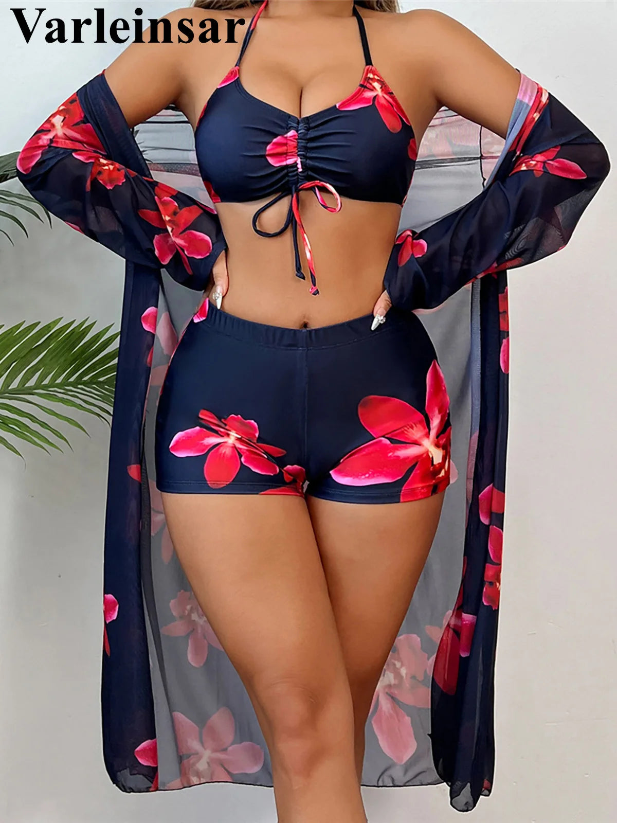 S - XL Long Sleeve Cover Up Flowers Bikini Female Swimsuit Three-Pieces Bikini Set Women Swimwear Bather Bathing Suit Swim V7232