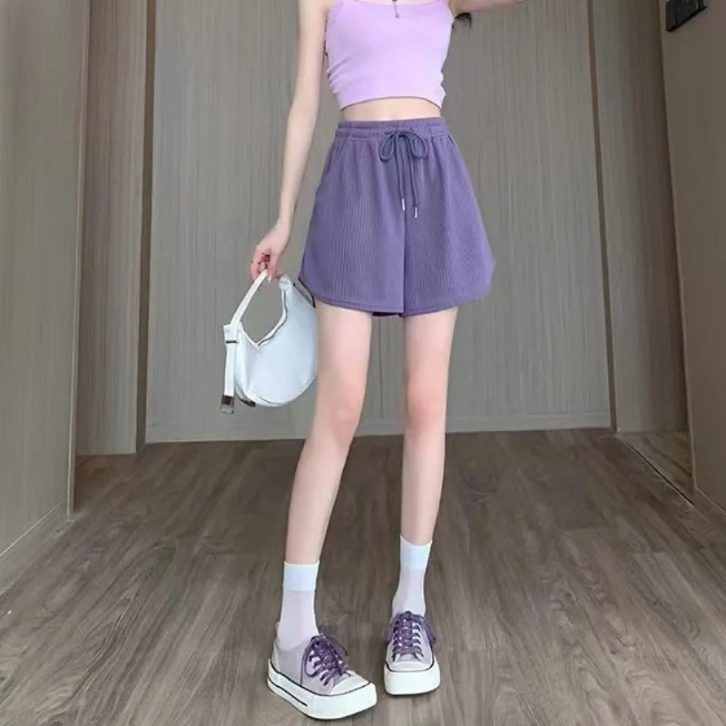 Summer Shorts Skirts Women Elastic High Waist Casual Wide Leg Shorts Korean A Line Loose Mini Skirt Black Short Pants