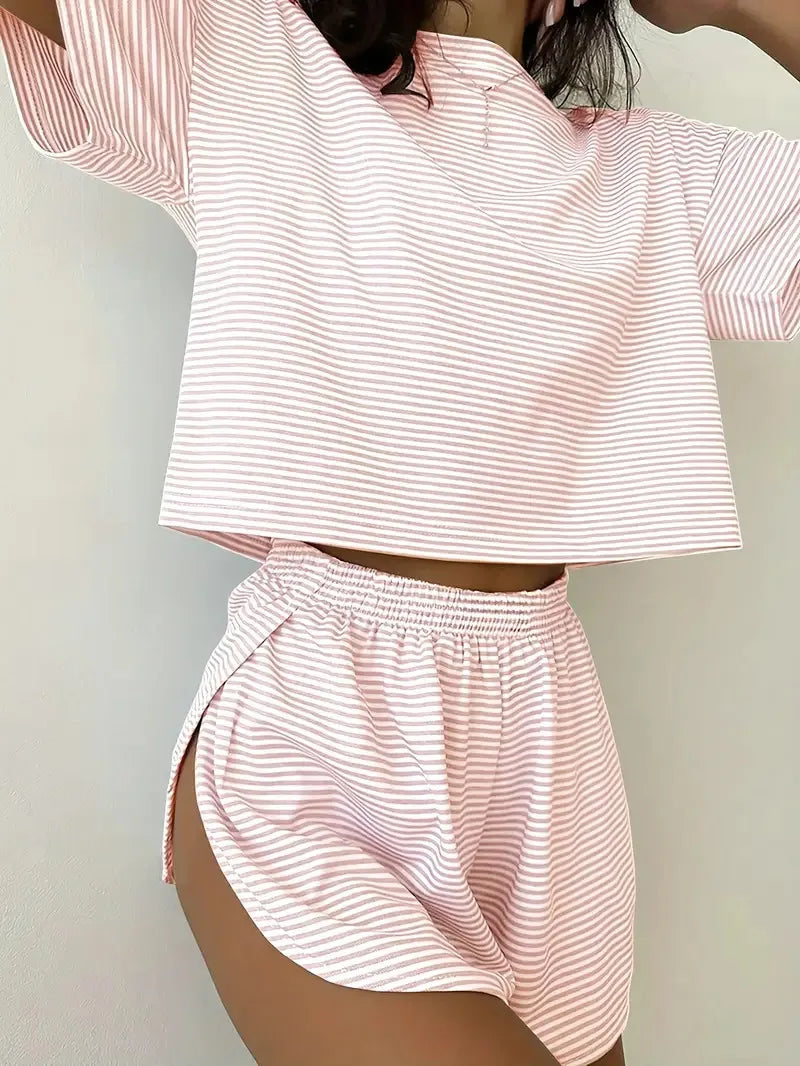 2026 New Women's Striped Pajama Set Summer Short-Sleeved T-Shirt and Shorts 2-Piece Set Home Wear Casual Loose Round Neck Pajama
