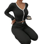 Womens Lace Trim Ribbed Knit Pajamas Set Long Sleeve Crop Top Wide Leg Pants Lounge Set 2 Piece Sleepwear