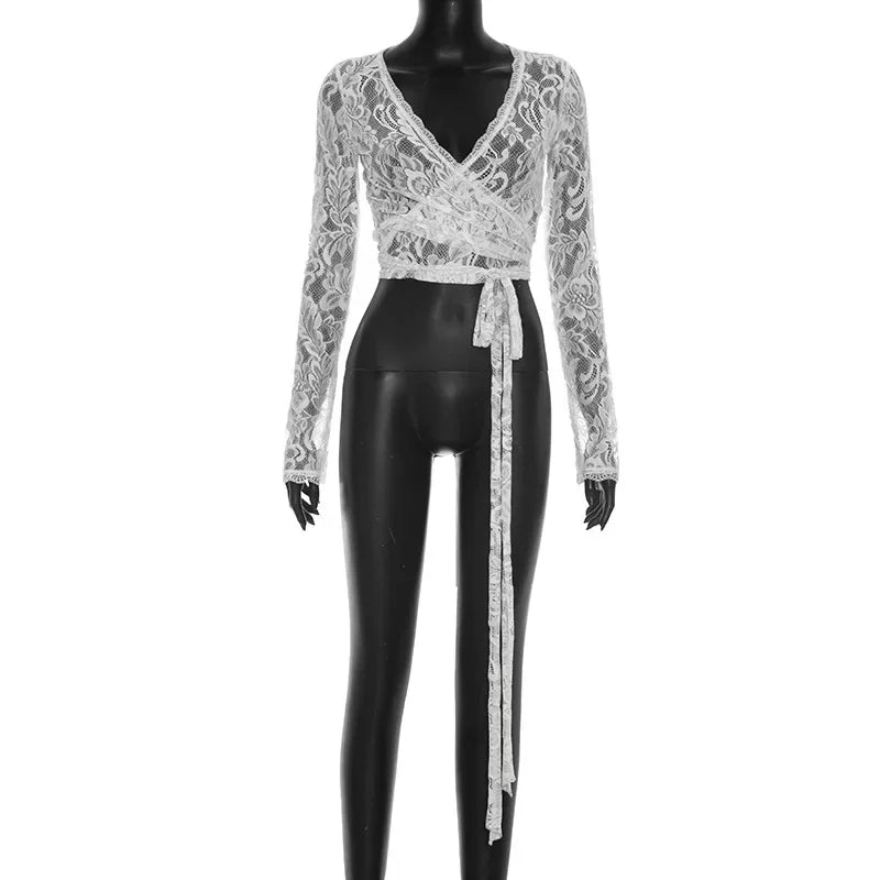 FDYOUI Women's V-neck Long Sleeve Lace T-shirt 2026 Ladies Chic Bandage Lace Tee Shirts Pink Streetwear Girls Slim Crop Tops