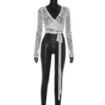 FDYOUI Women's V-neck Long Sleeve Lace T-shirt 2026 Ladies Chic Bandage Lace Tee Shirts Pink Streetwear Girls Slim Crop Tops
