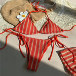 With Shorts Striped Halter Bikini Female Swimsuit Women Swimwear Three-Pieces Bikini Set Padded Bather Bathing Suit Swim V7159