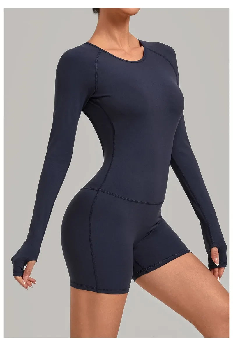 Women's Yoga Jumpsuits Sports Fitness Hip-lifting Long-sleeved Backless Running Training Workout Gym Shorts One-piece Bodysuits