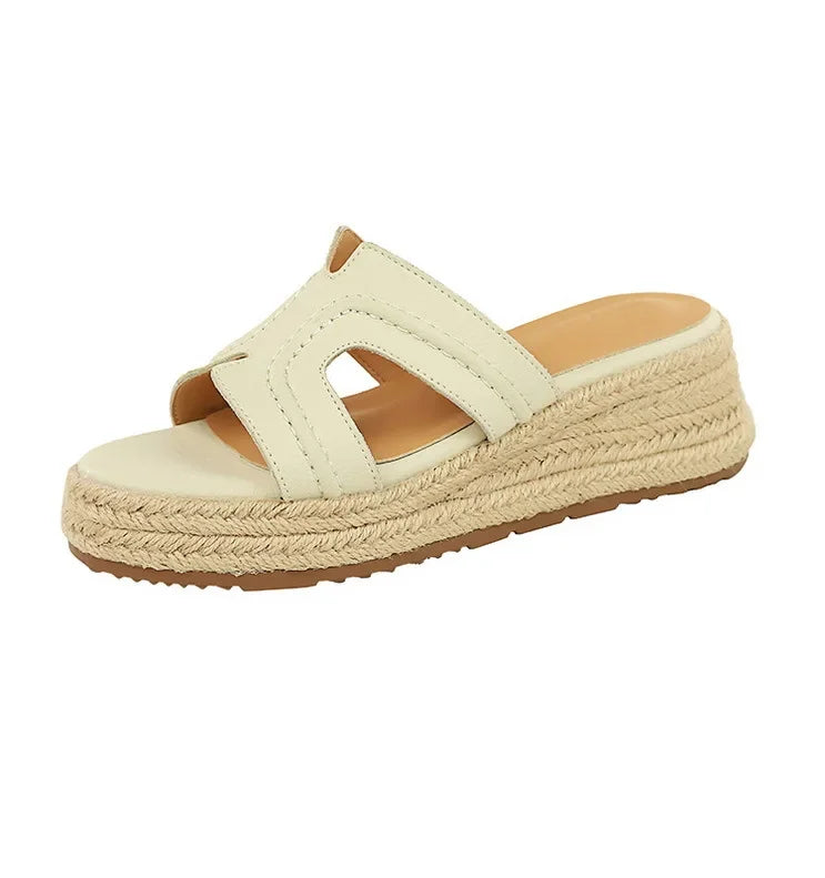 Spring 2025 Women's Slippers Hollow Out Strap Waterproof Thick Heel Woven Rope Country Style Slip-On Shoes Polyurethane Material