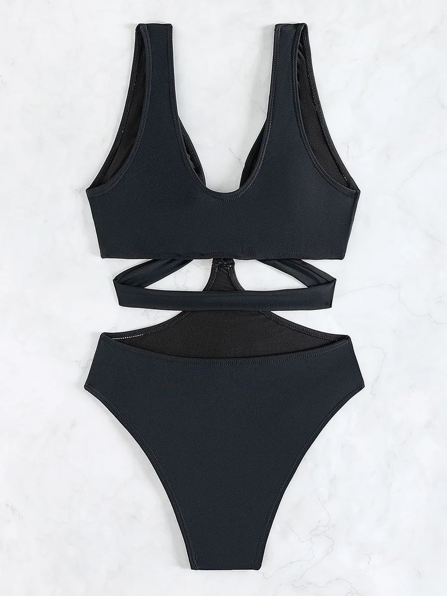 S - XL V Neck High Leg Cut One Piece Swimsuit Women Swimwear Female Bather Monokini Cross Bandage Bathing Suit Swim Beachwear