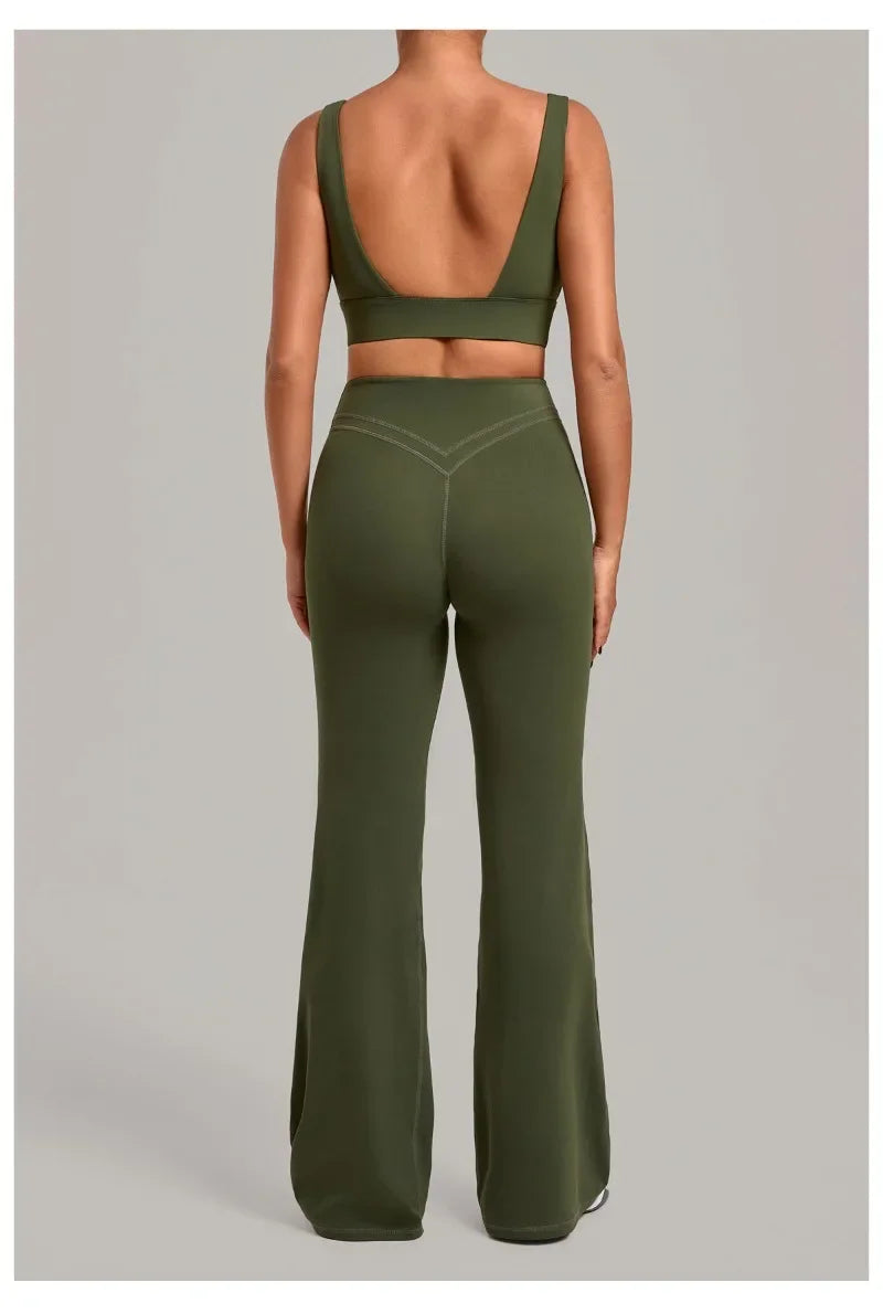 Women's Seamless Yoga Sets Sports Fitness Hip-lifting High Waist Flared Pants Backless Bra Suits Training WorkoutLeggings Sets